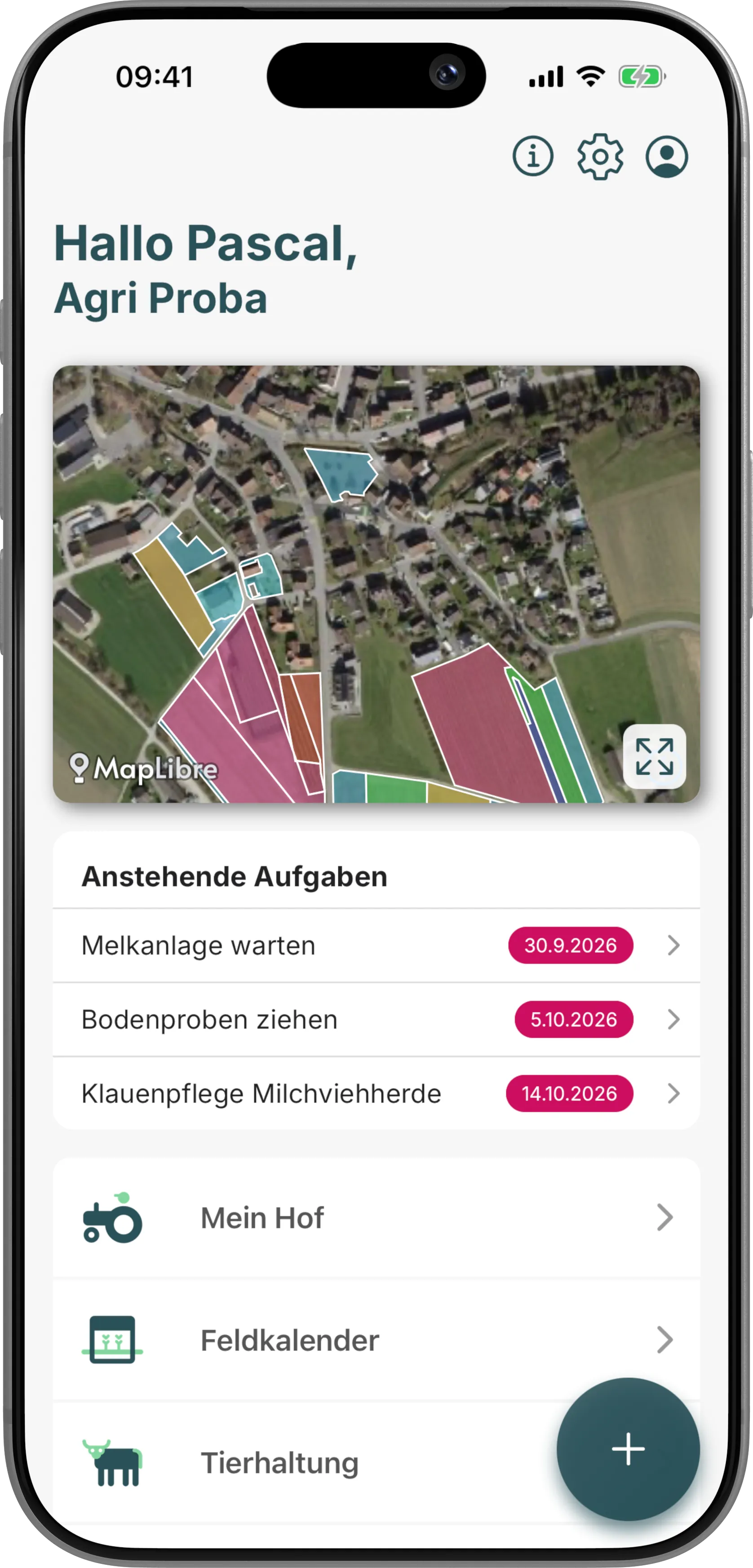 Coltivio auf einem Smartphone: Startseite mit Betriebskarte und Schnellzugriffen.